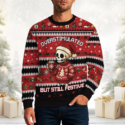Lifestyle view of someone wearing the red ugly christmas sweater
