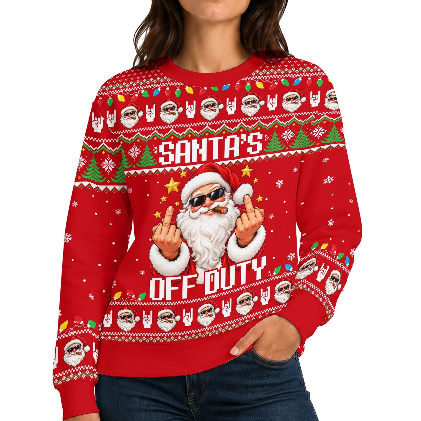 Lifestyle shot of an adult wearing the red ugly Christmas sweater