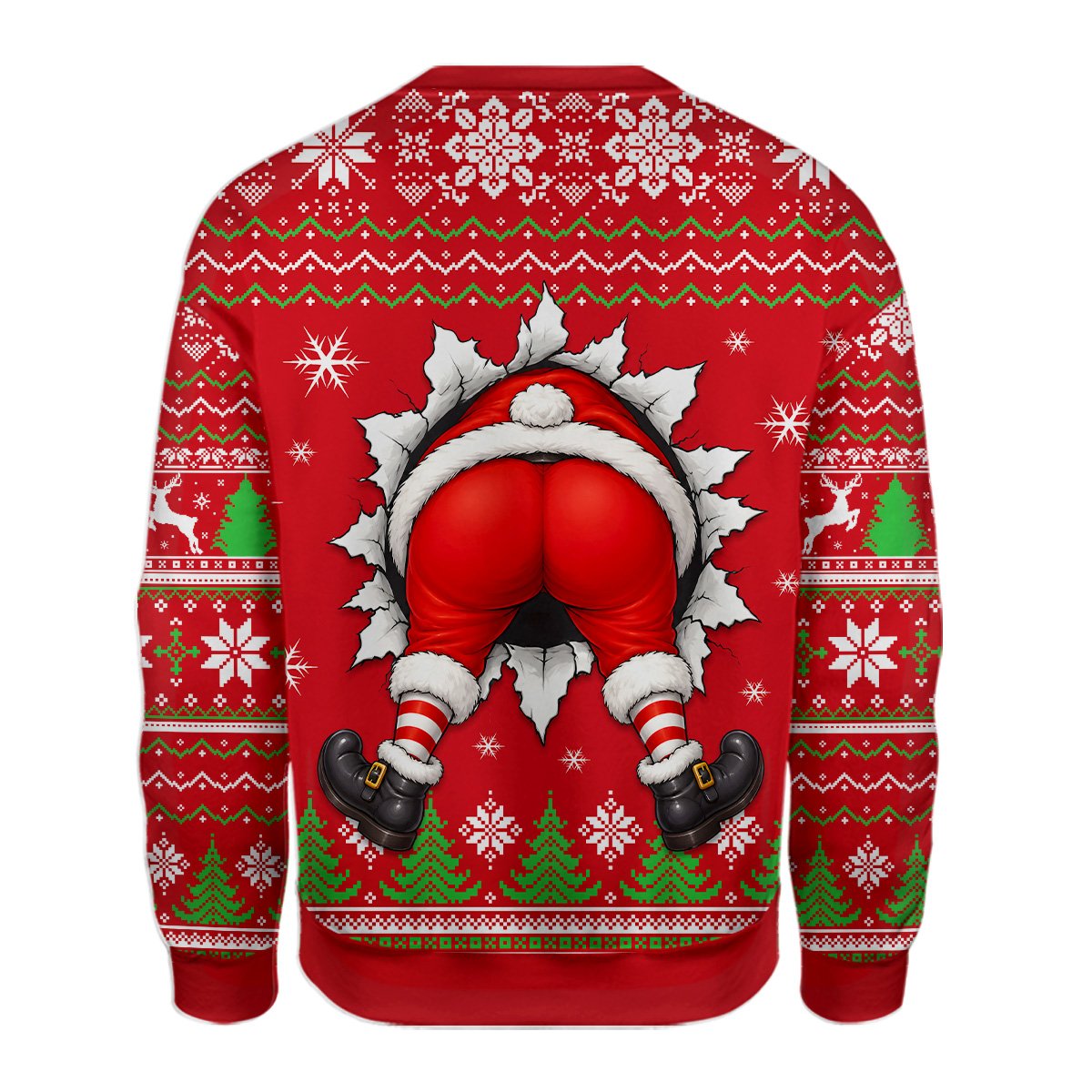 Adult wearing a mens red ugly christmas sweater at a holiday event