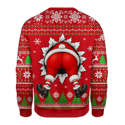 Adult wearing a mens red ugly christmas sweater at a holiday event