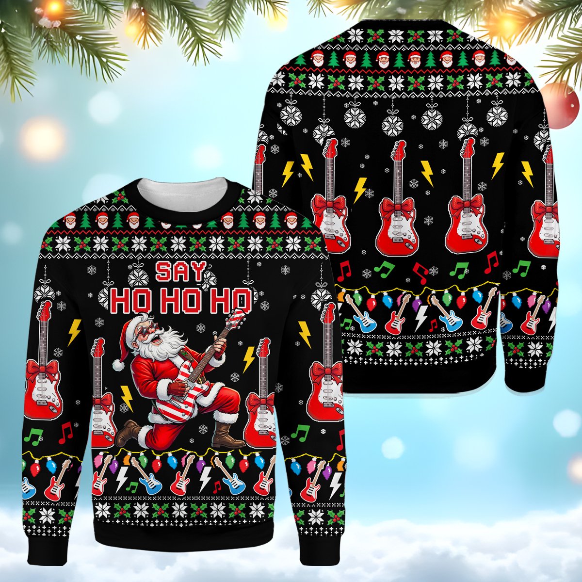 Main view of rock band ugly christmas sweater with rock and roll Santa