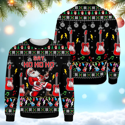 Main view of rock band ugly christmas sweater with rock and roll Santa