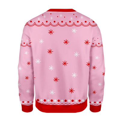Back view of the ugly pink christmas sweater with snowflake patterns