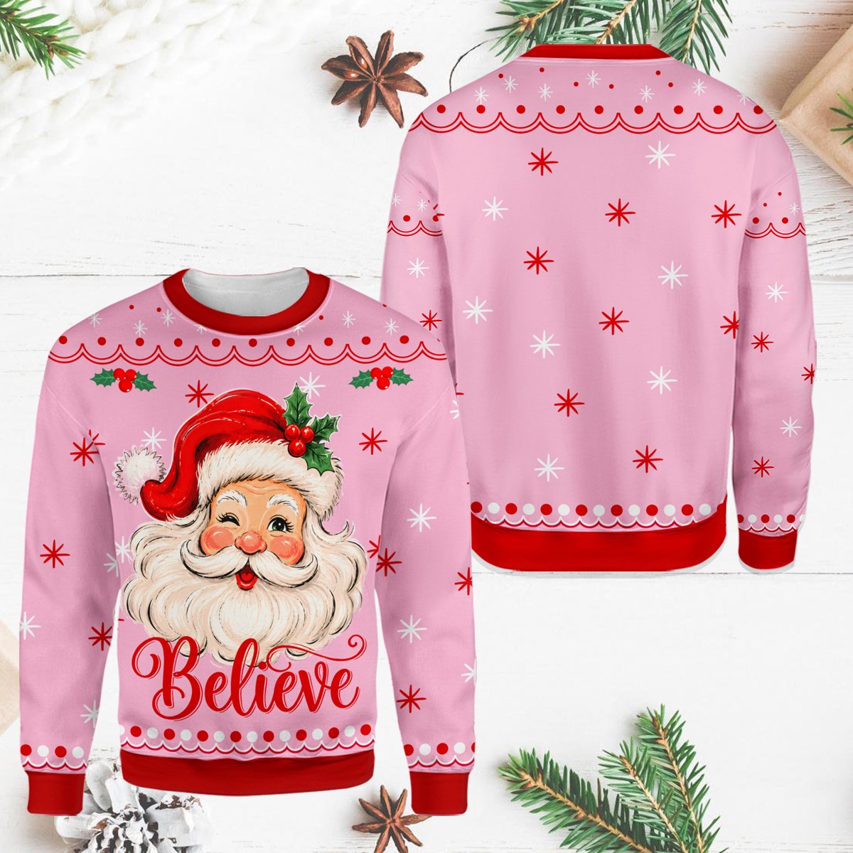 Detailed front view of the ugly santa sweater in pink