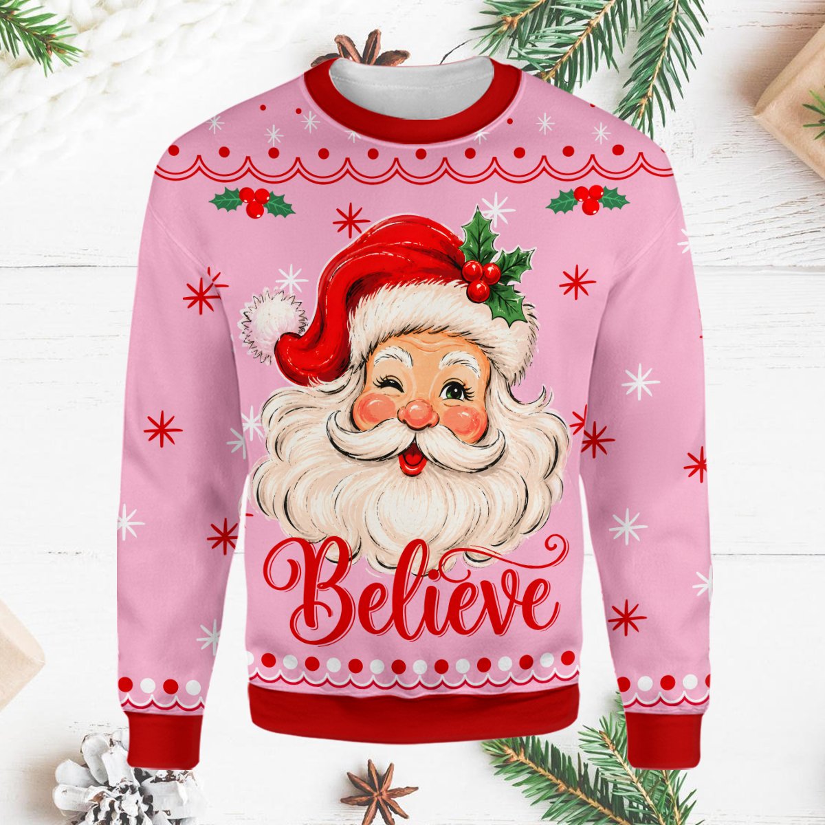 Front view of the ugly pink christmas sweater with vintage Santa design