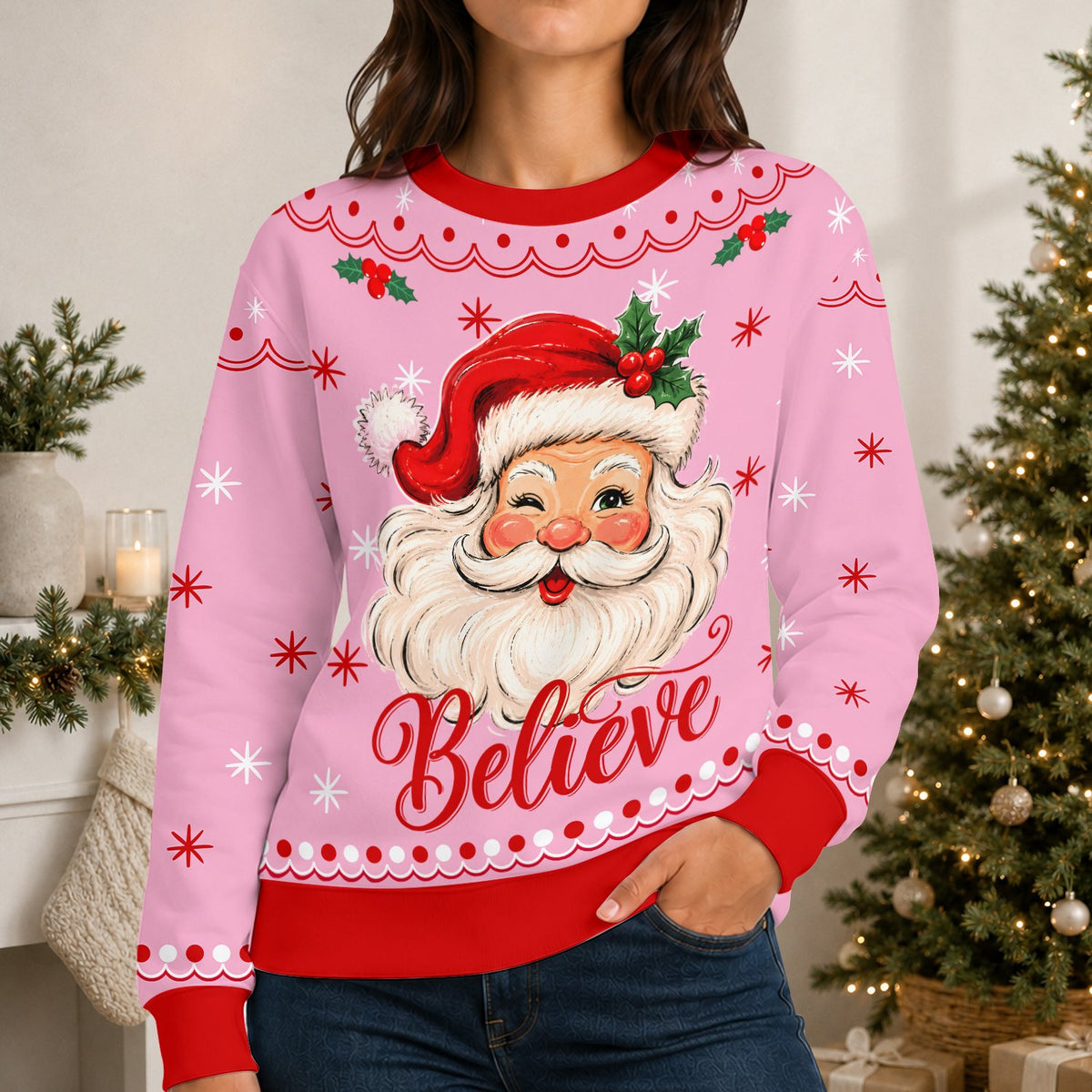 Lifestyle shot of the pink ugly christmas sweater featuring winking Santa