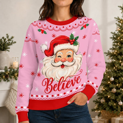 Lifestyle shot of the pink ugly christmas sweater featuring winking Santa