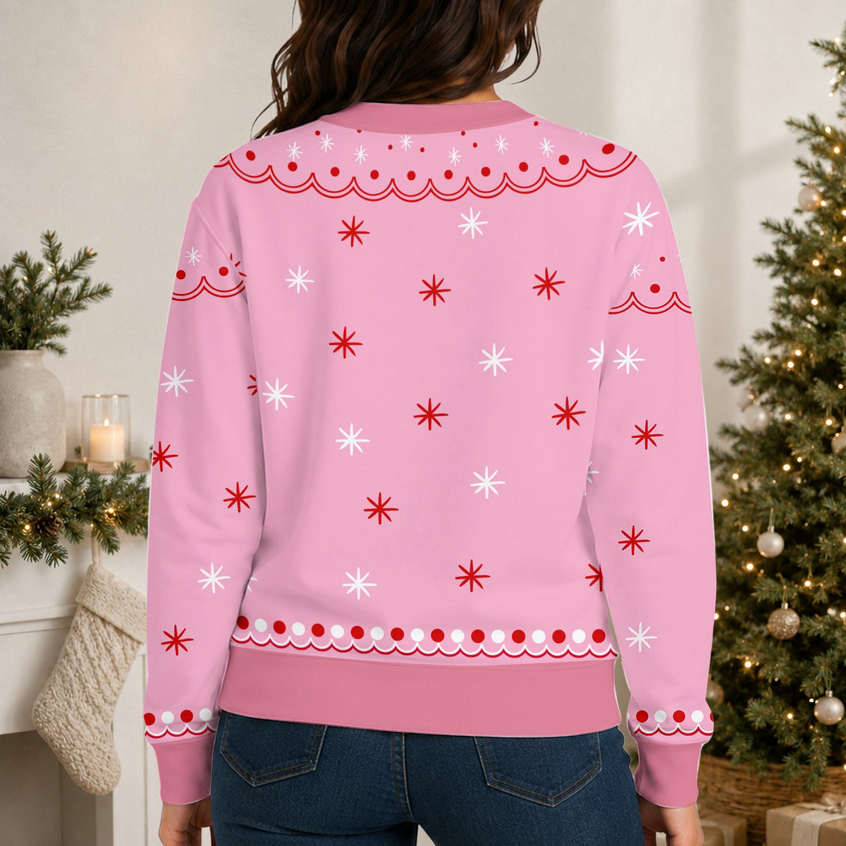 Final lifestyle image of the ugly pink christmas sweater for adults