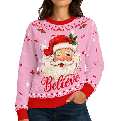 Adult wearing the ugly pink christmas sweater in a lifestyle setting