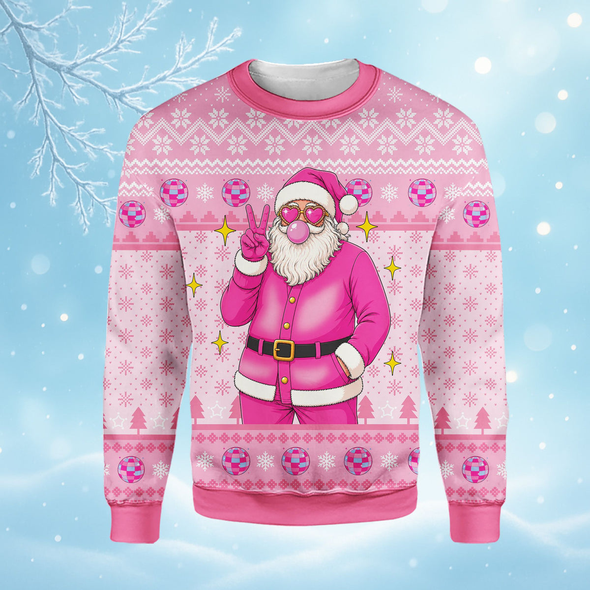 Close-up of cool Santa blowing bubblegum on pink ugly sweater, front view
