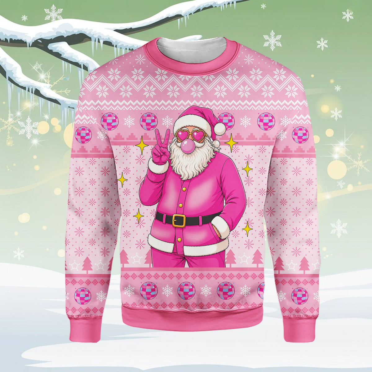 Detail of disco balls and snowflakes on the pink ugly sweater, front view