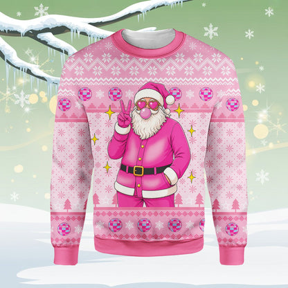 Detail of disco balls and snowflakes on the pink ugly sweater, front view
