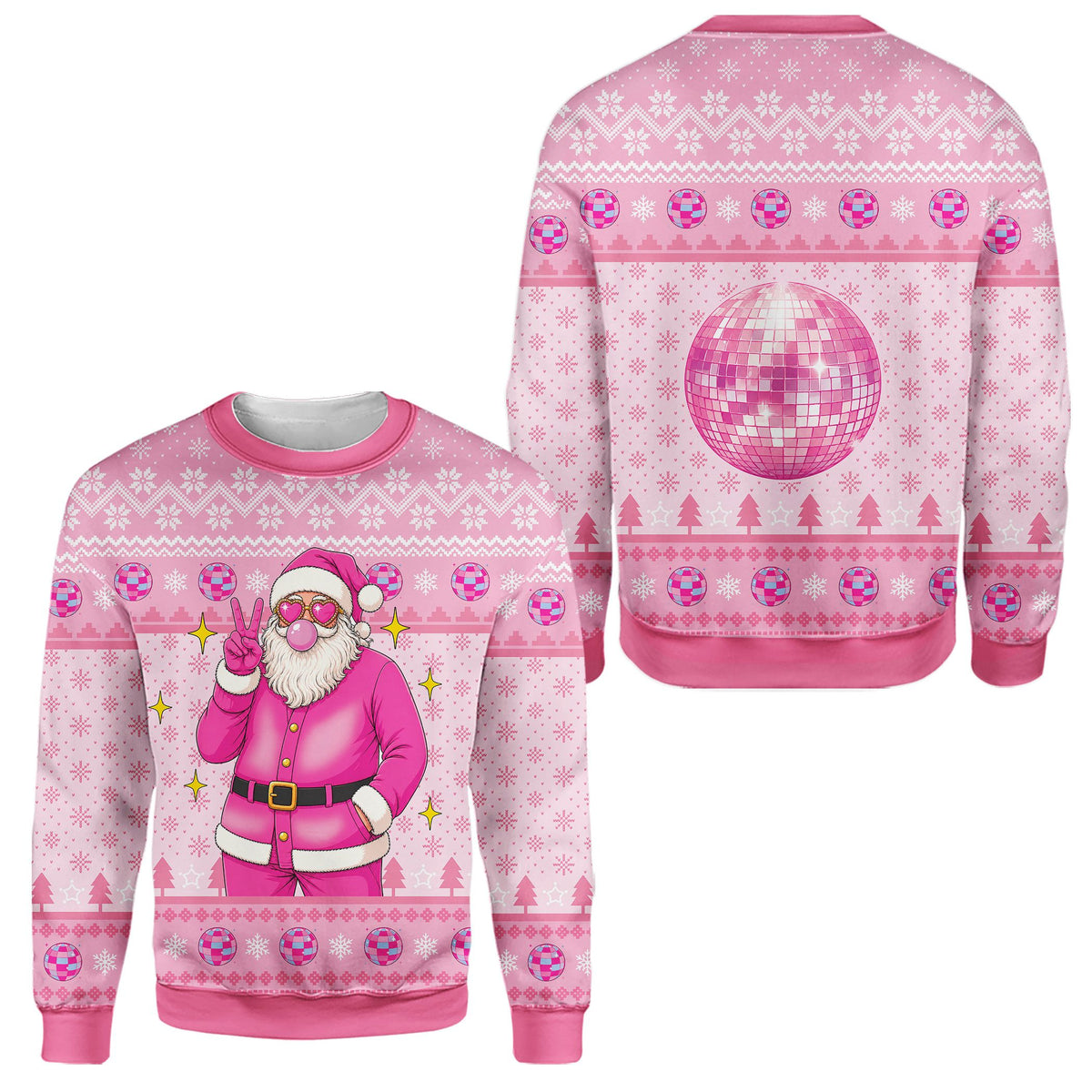 Pink ugly christmas sweater, front view