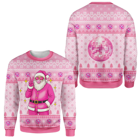 Pink ugly christmas sweater with cool Santa and disco balls, main view