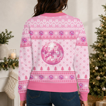 Adult enjoying a holiday party in the pink ugly christmas sweater, lifestyle view
