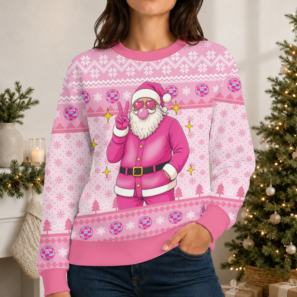 Adult wearing the pink ugly christmas sweater with cool Santa, lifestyle view
