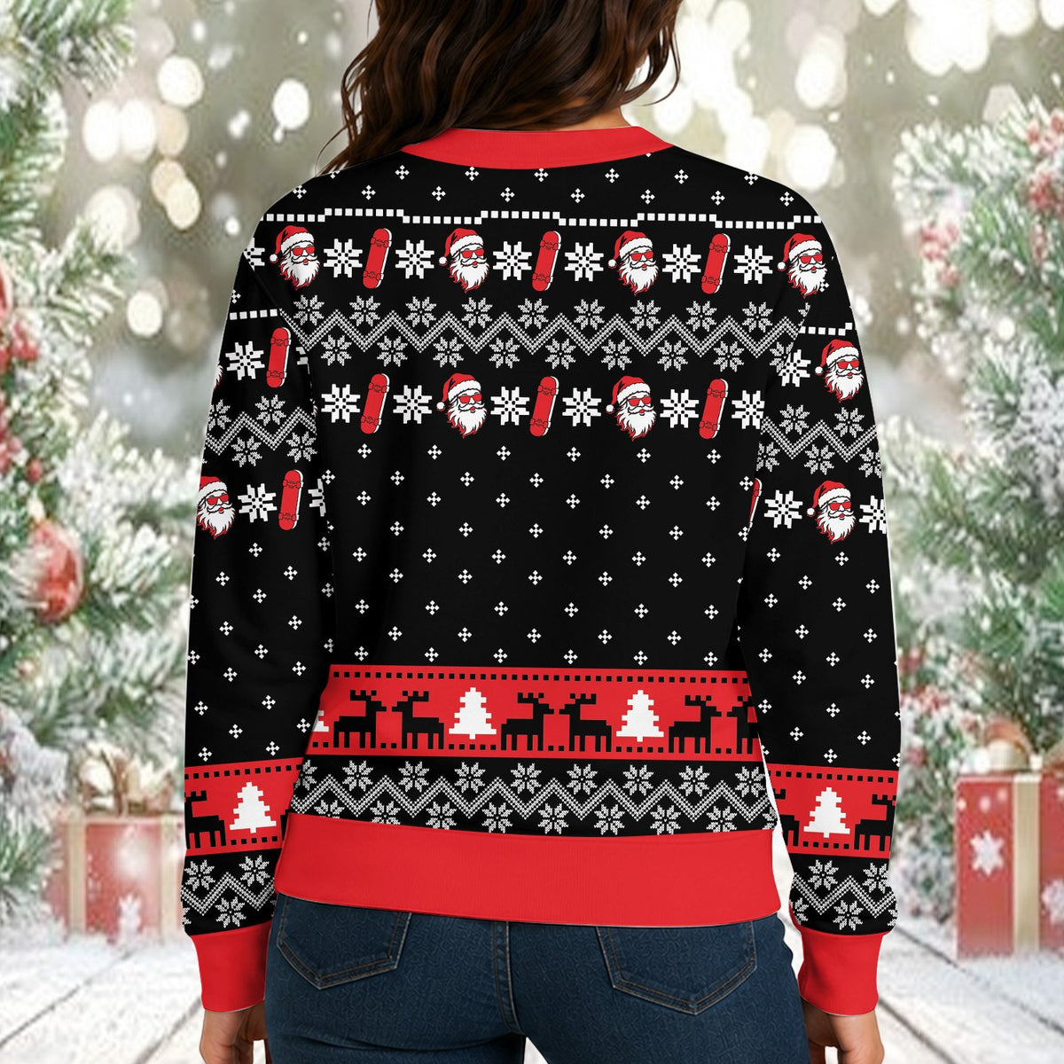 Detailed back view of the black ugly sweater showing the traditional holiday pattern