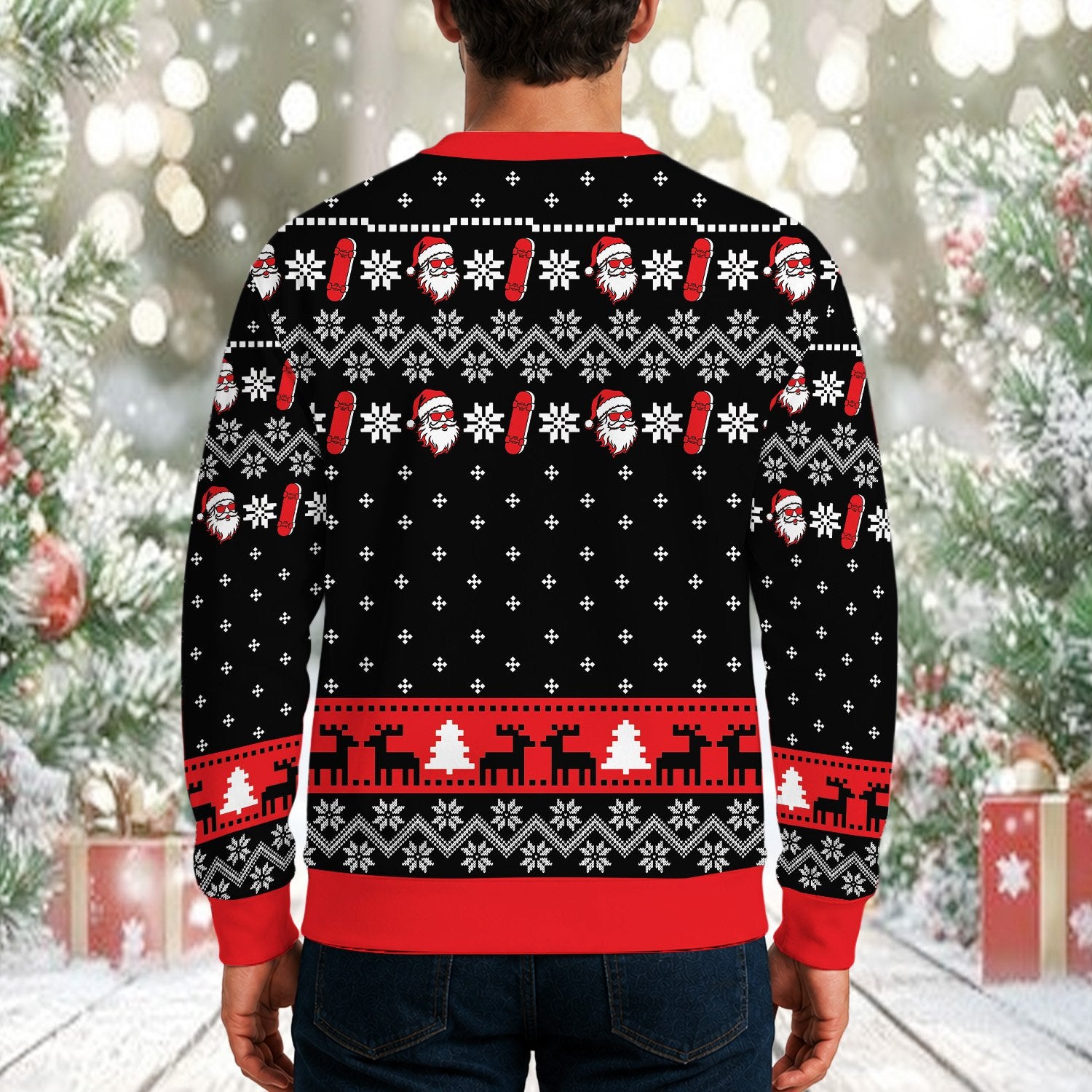 Back view of the black christmas skateboarding ugly sweater