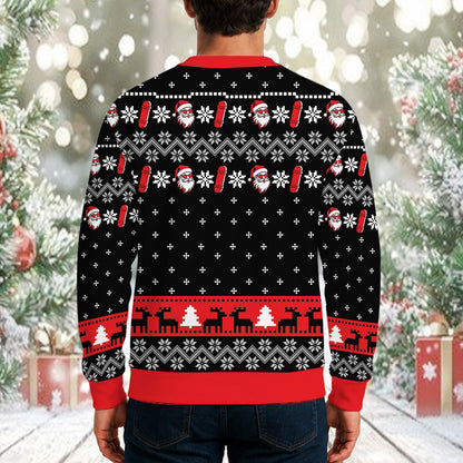 Back view of the black christmas skateboarding ugly sweater