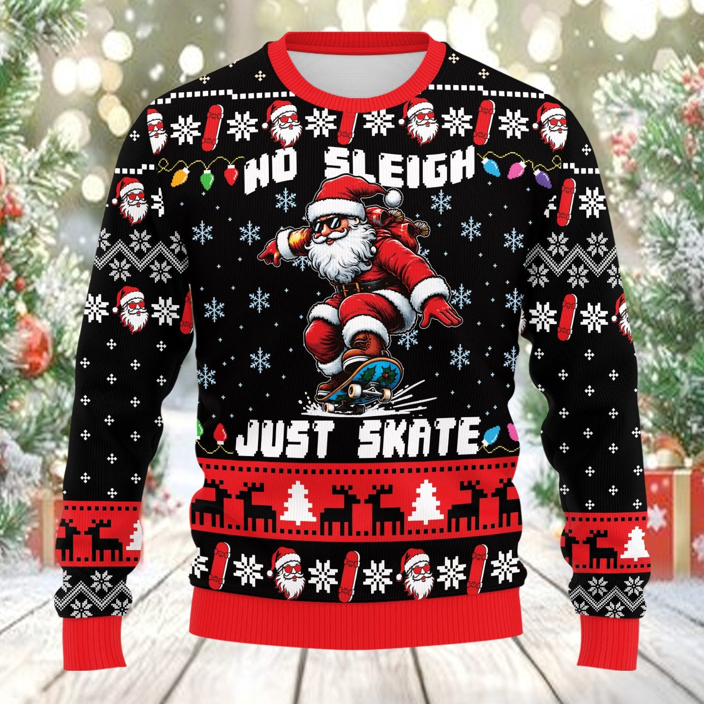 Front view of the black holiday ugly sweater featuring festive red collar and cuffs