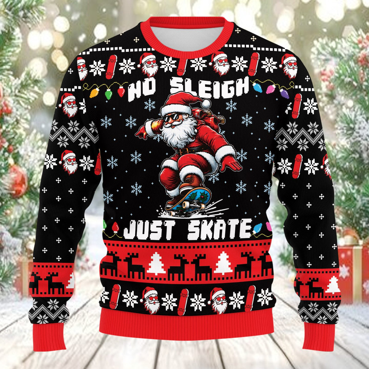 Ugly christmas sweater black with skateboarding santa and no sleigh just skate text, front view