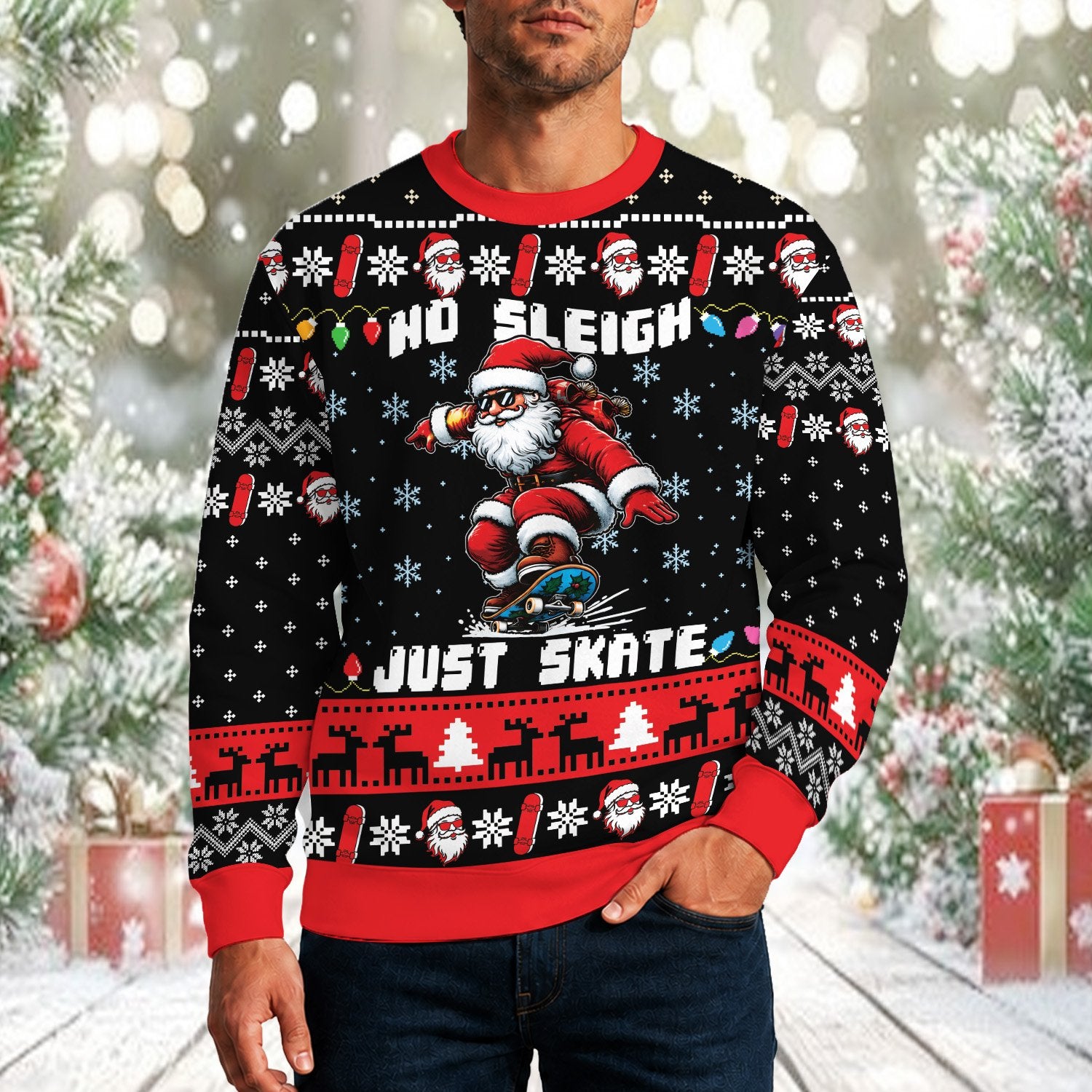 Second lifestyle view showcasing the fit of the black christmas ugly sweater
