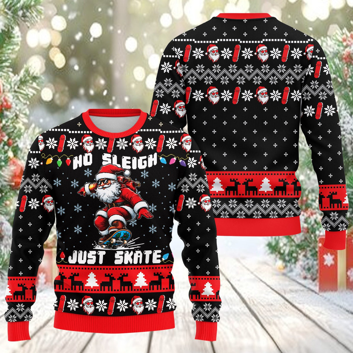 Fabric and sleeve detail of the skateboarding ugly sweater