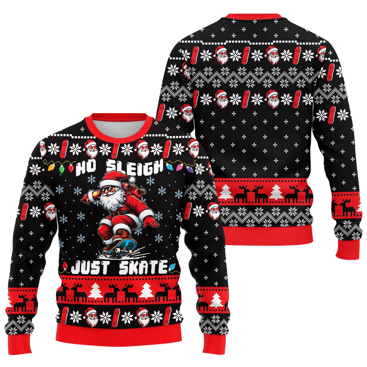 Close-up detail of the ugly christmas sweater black pattern with reindeer and snowflakes