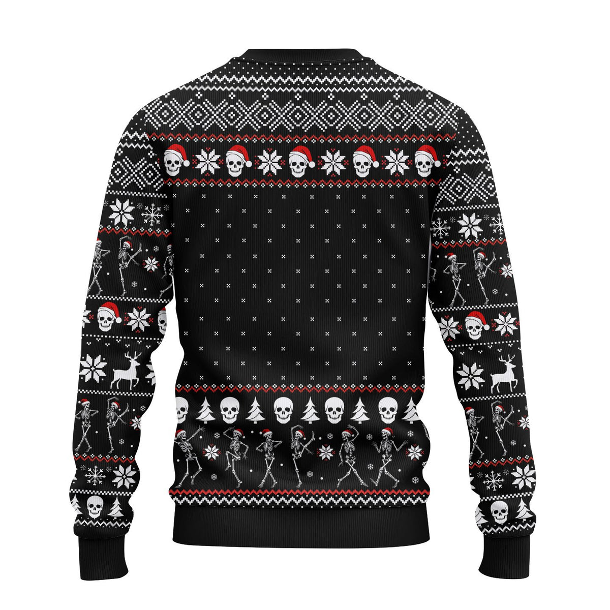Back view of the black skeleton ugly christmas sweater showing holiday pattern
