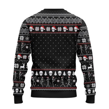 Back view of the black skeleton ugly christmas sweater showing holiday pattern