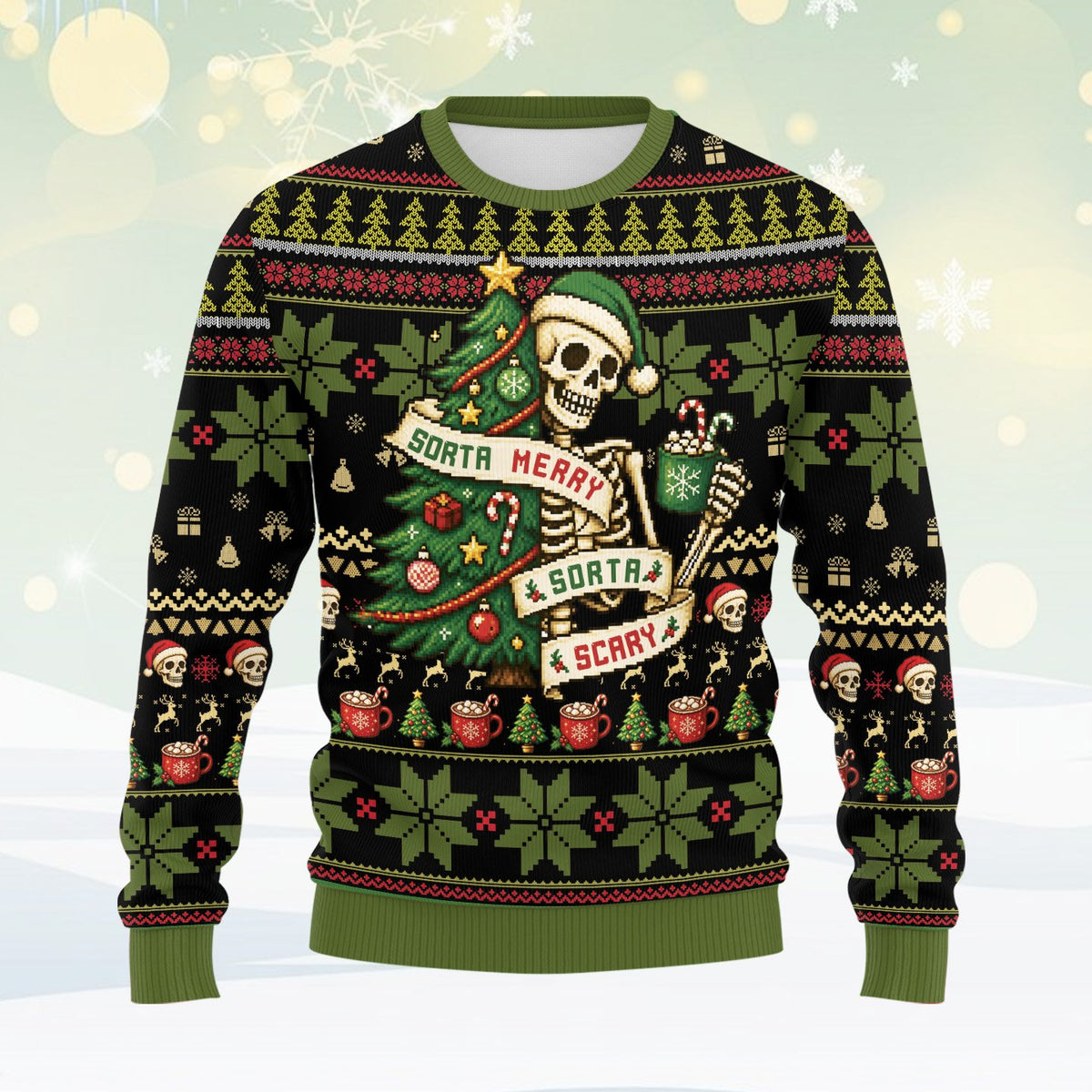 Skeleton ugly Christmas sweater showing horizontal pixelated bands, front view 2