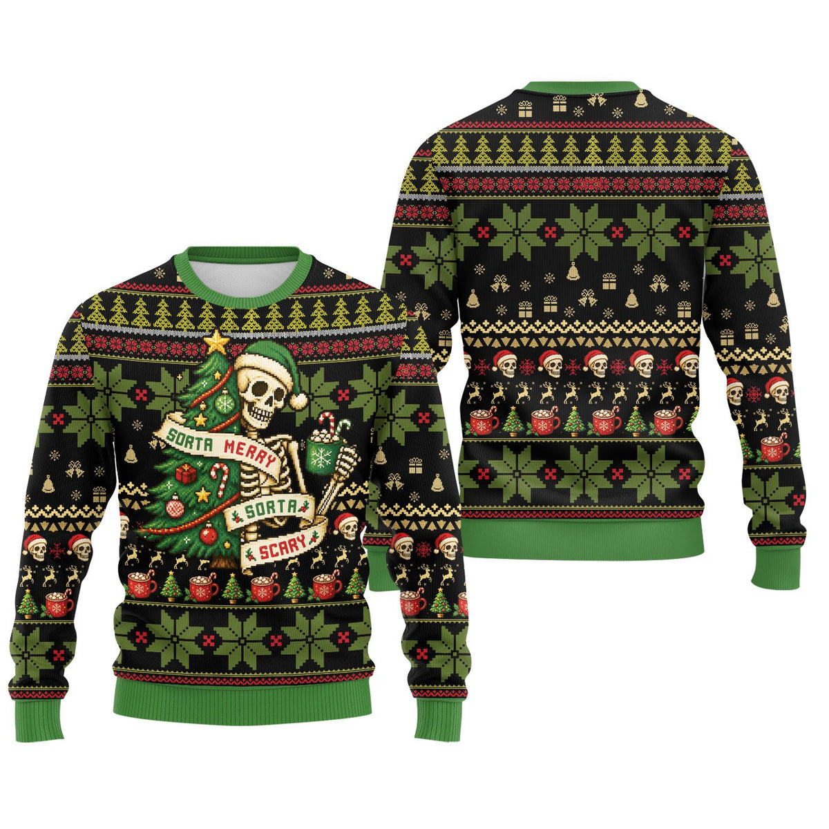 Black ugly Christmas sweater with reindeer and skull details, front view 3