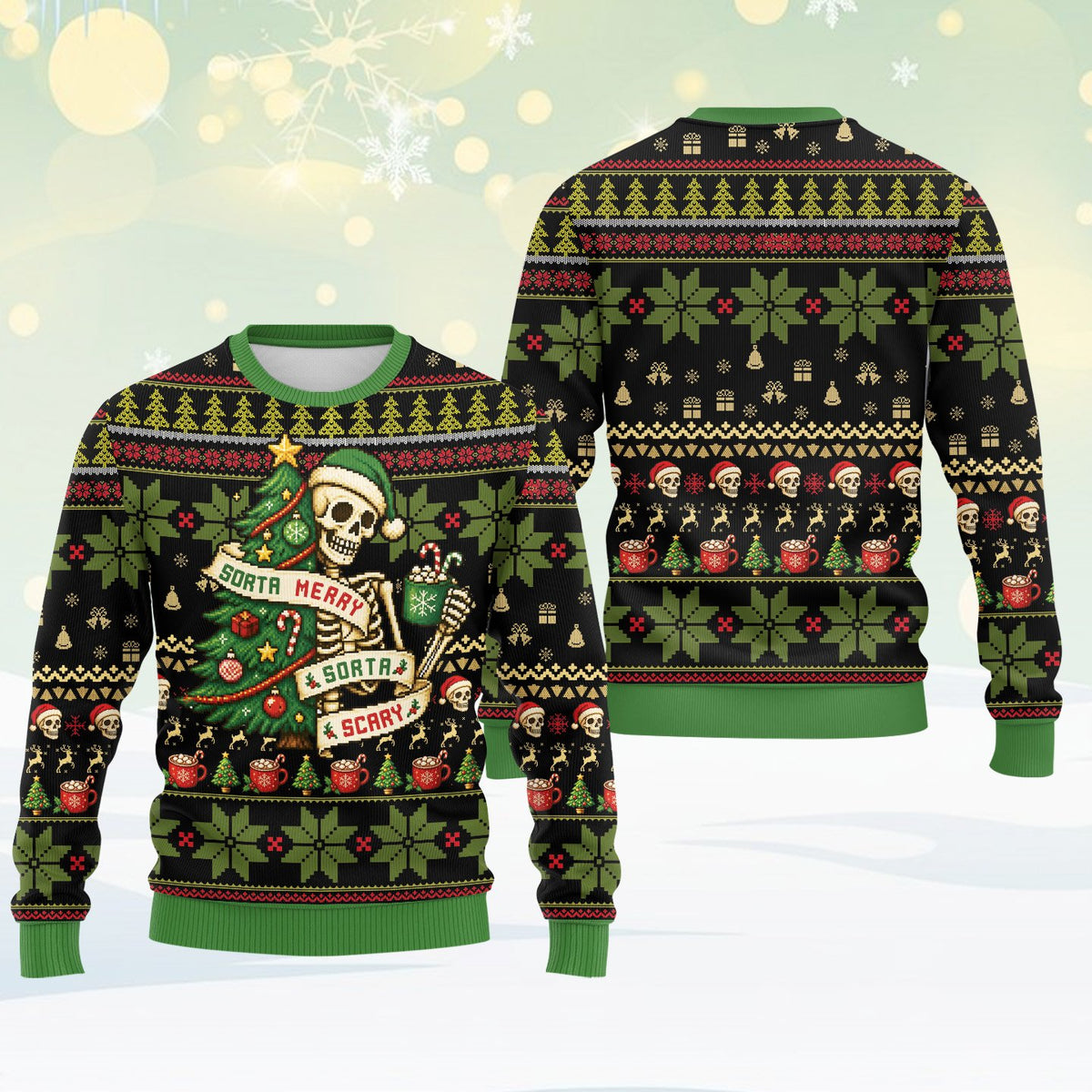 Festive black Christmas ugly sweater, front view 4