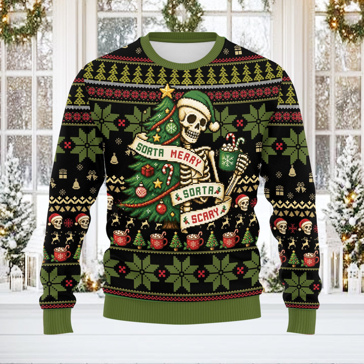 Women's black ugly Christmas sweater with skeleton and tree design, main view