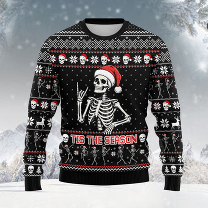 Front detail of the black skeleton ugly christmas sweater