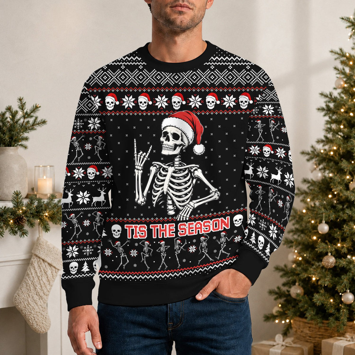 Another lifestyle shot of the black skeleton ugly christmas sweater