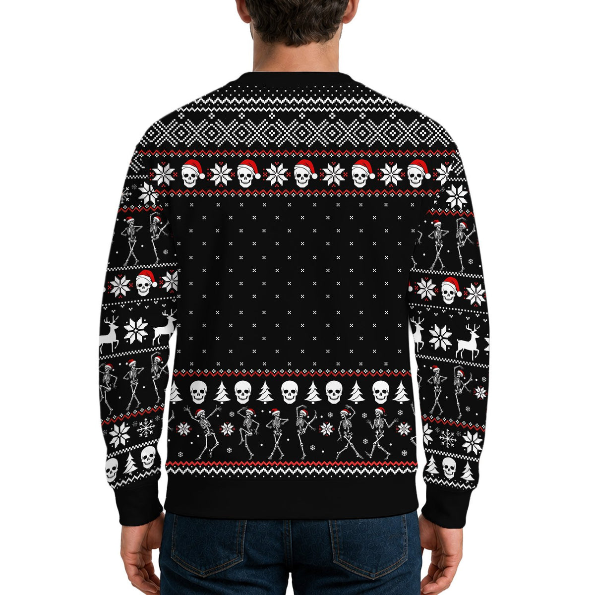 Lifestyle view of the black skeleton ugly christmas sweater outdoors