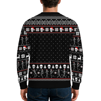 Lifestyle view of the black skeleton ugly christmas sweater outdoors