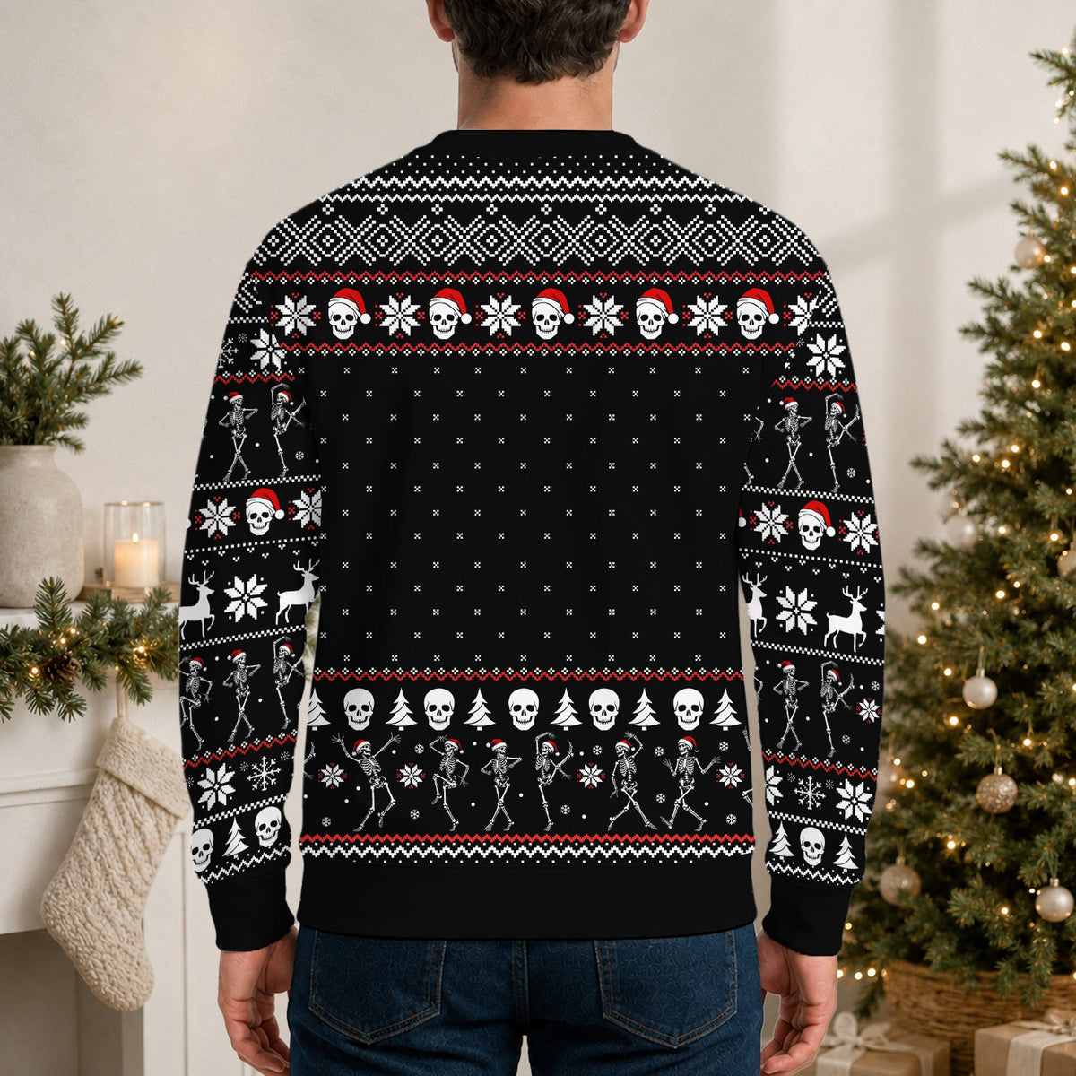 Close-up lifestyle view of the black skeleton ugly christmas sweater