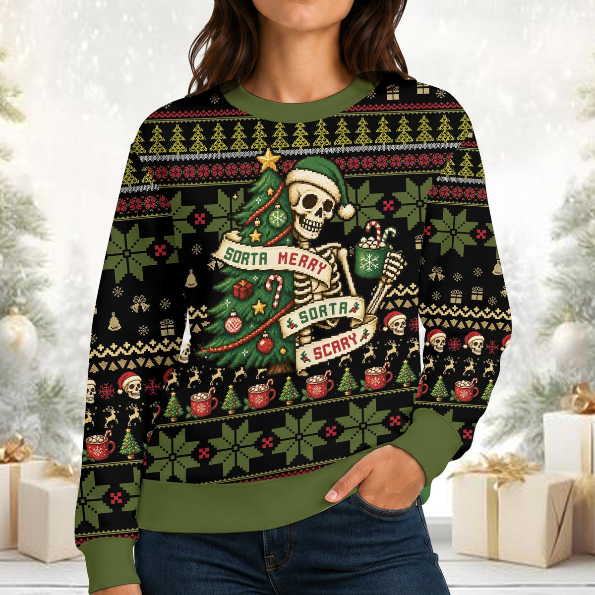 Lifestyle view of a person wearing the skeleton ugly Christmas sweater