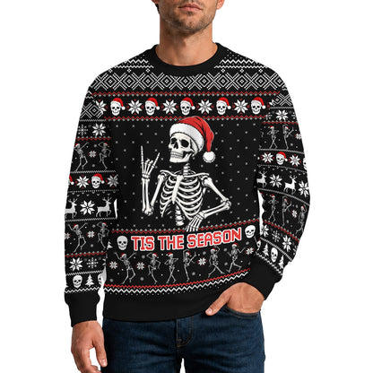 Person wearing the black skeleton ugly christmas sweater, lifestyle view