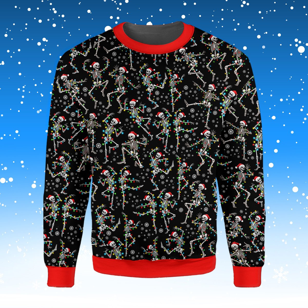 Front view of the skeletons ugly sweater with Christmas lights design