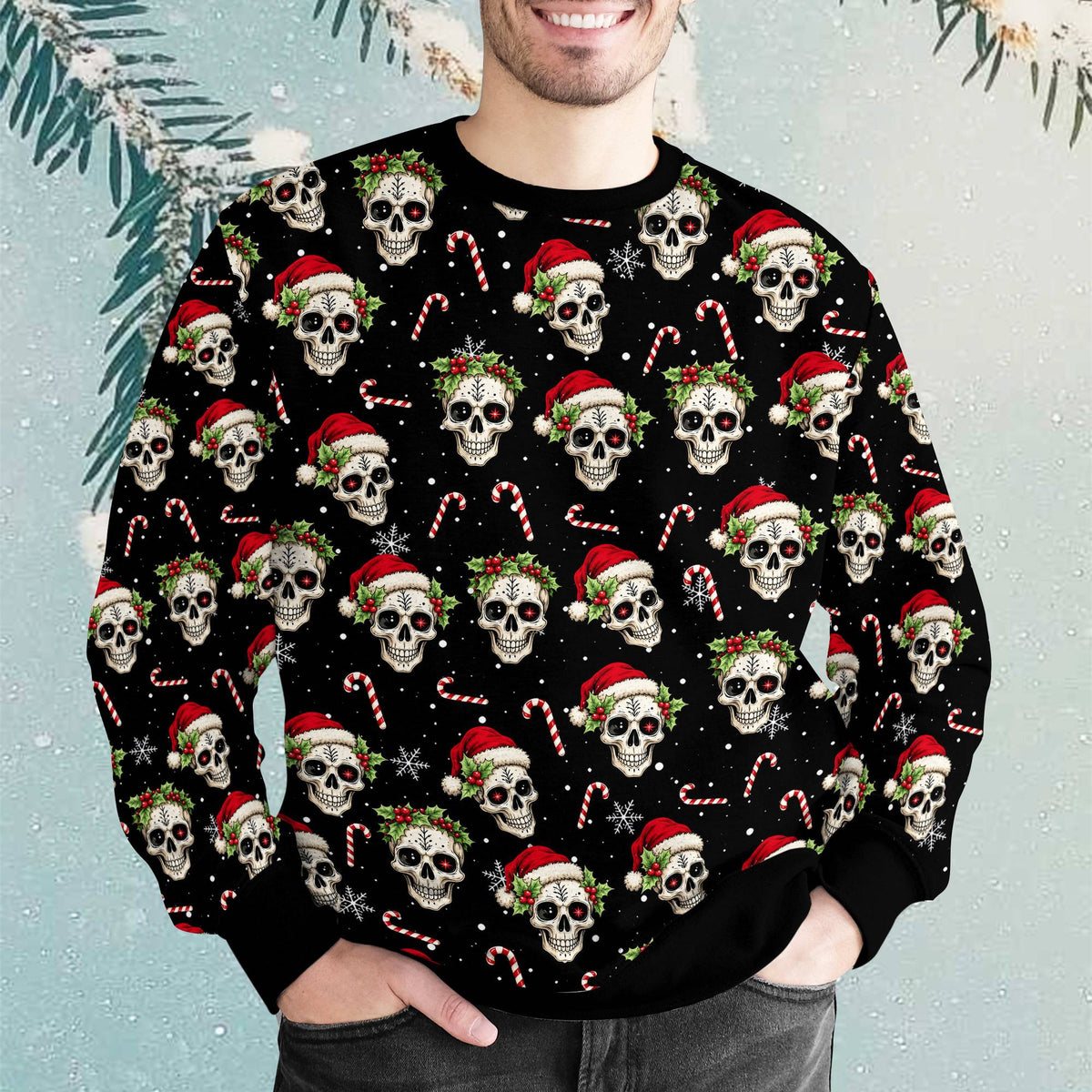 Another front view of the holiday ugly sweater with skull pattern