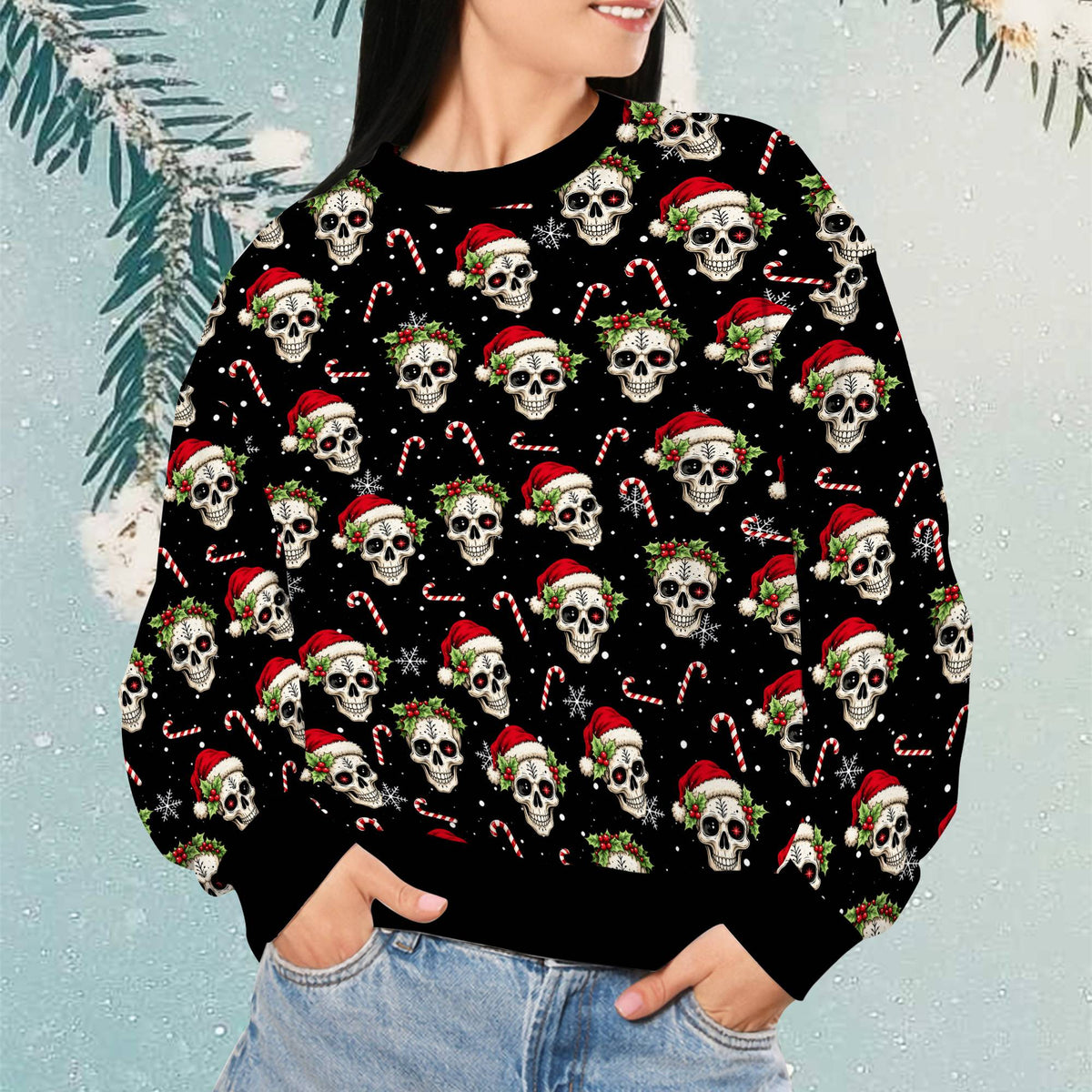 Close up front view of the Christmas skulls ugly sweater