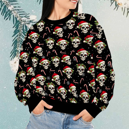 Close up front view of the Christmas skulls ugly sweater