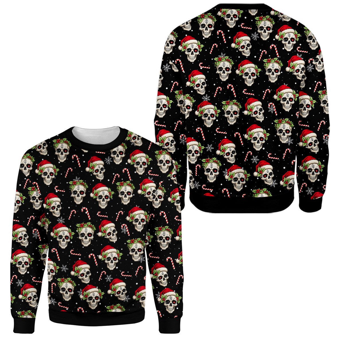 Ugly christmas sweater skulls design on black background, main view