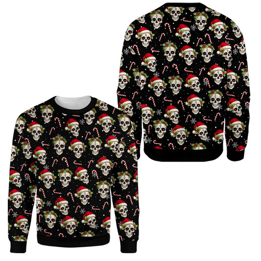 Ugly christmas sweater skulls design on black background, main view