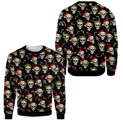 Front view of the black christmas ugly sweater featuring skulls in Santa hats