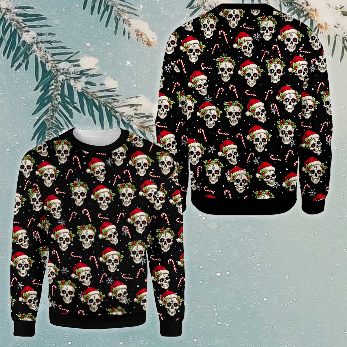 Second lifestyle view showcasing the ugly christmas sweater skulls pattern