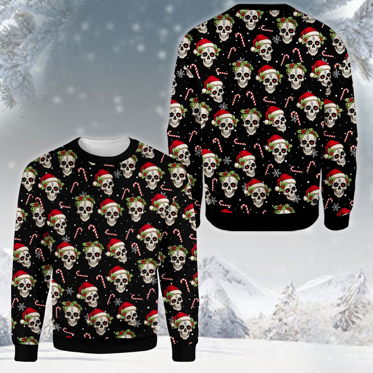 Third lifestyle view of the holiday skull sweater